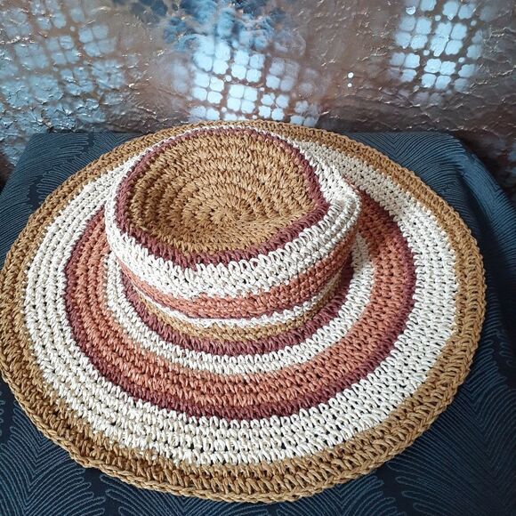 Zara Raffia Straw Striped Tan and Brown Floppy Sun Hat - Picture 2 of 14